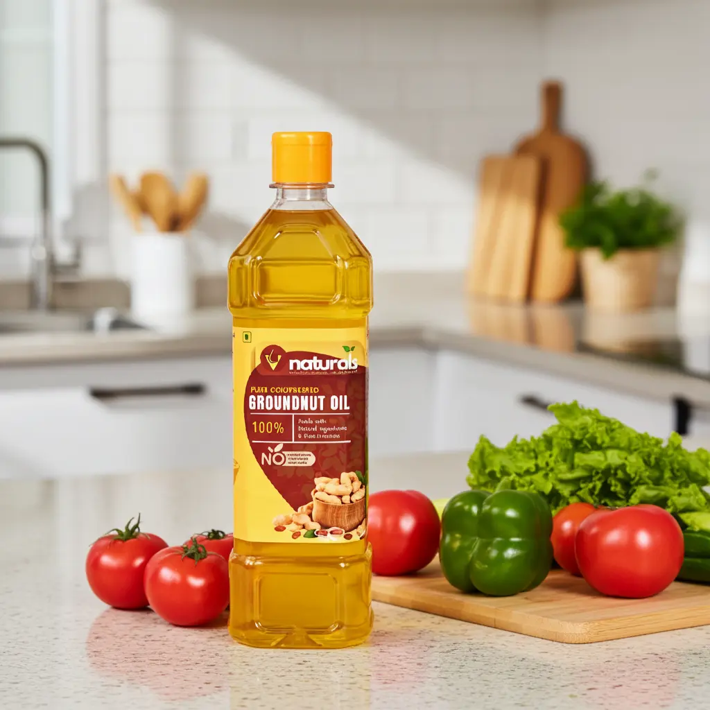 Cold pressed groundnut oil bottle in kitchen with fresh vegetables for healthy cooking in Madurai