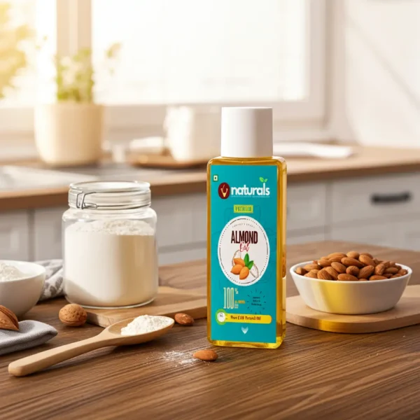 Cold pressed almond oil bottle in kitchen with raw almonds and natural ingredients for cooking and skin care in Madurai”