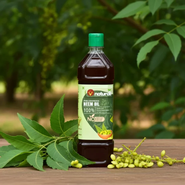 Cold pressed neem oil bottle with natural ingredients, organic oil for hair care, skin care and plant protection