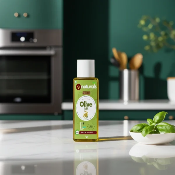 Cold pressed olive oil bottle in modern kitchen setting with fresh basil leaves, natural cooking oil in Madurai