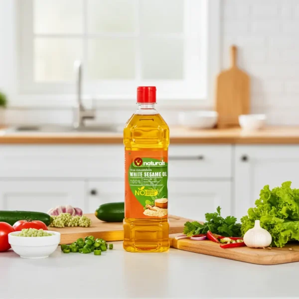 Cold pressed white sesame oil bottle in kitchen with fresh vegetables, healthy cooking oil for traditional and natural food preparation
