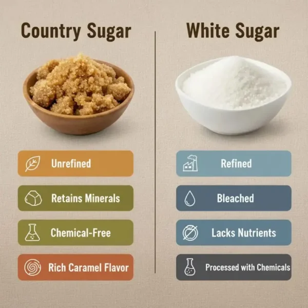 Comparison infographic of country sugar vs refined white sugar