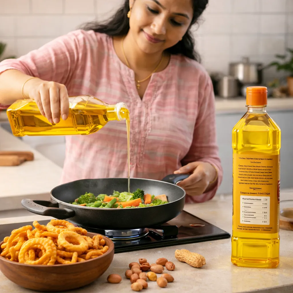 Woman pouring cold pressed groundnut oil while cooking vegetables in Indian kitchen