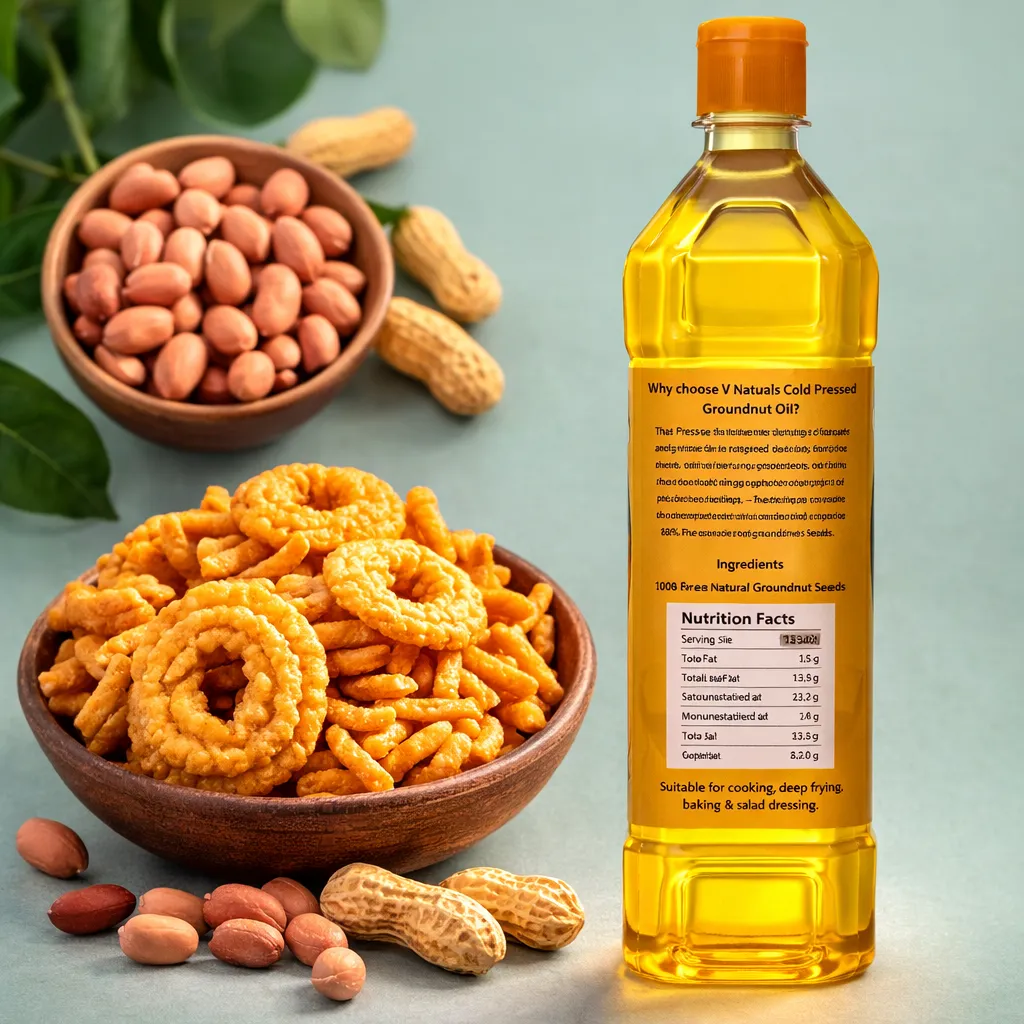 Traditional murukku snack with cold pressed groundnut oil and raw peanuts