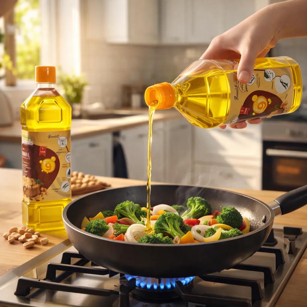 Modern kitchen cooking with cold pressed groundnut oil and fresh vegetables