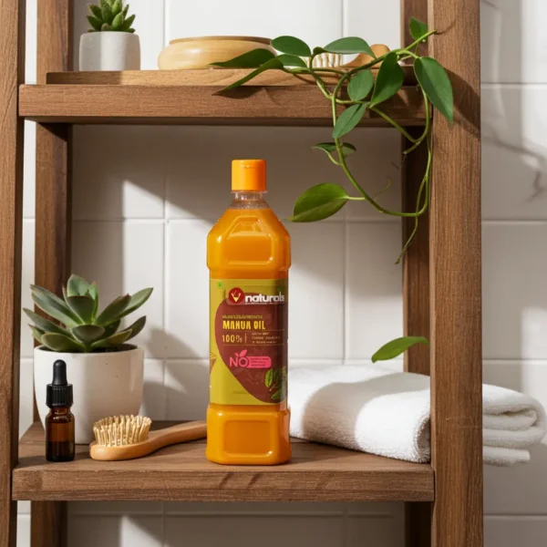 Cold pressed mustard oil bottle with natural skincare setup, plants and wooden shelf in Madurai