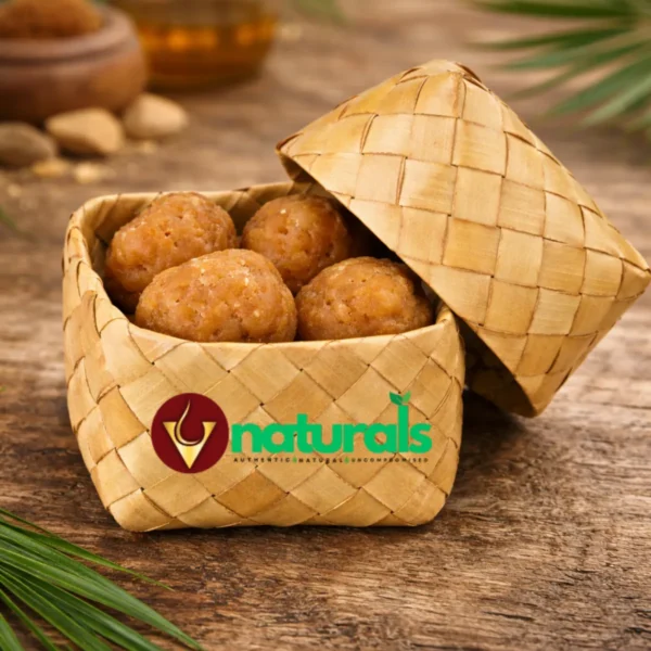 Natural palm jaggery round balls in traditional basket box organic healthy sweetener