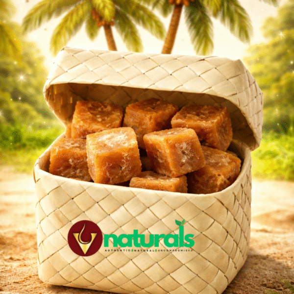 Palm jaggery cubes stored inside traditional palm leaf box – natural karupatti by V Naturals