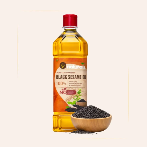 V Naturals cold pressed black sesame oil bottle with black sesame seeds – 100% pure unrefined gingelly oil for cooking and health