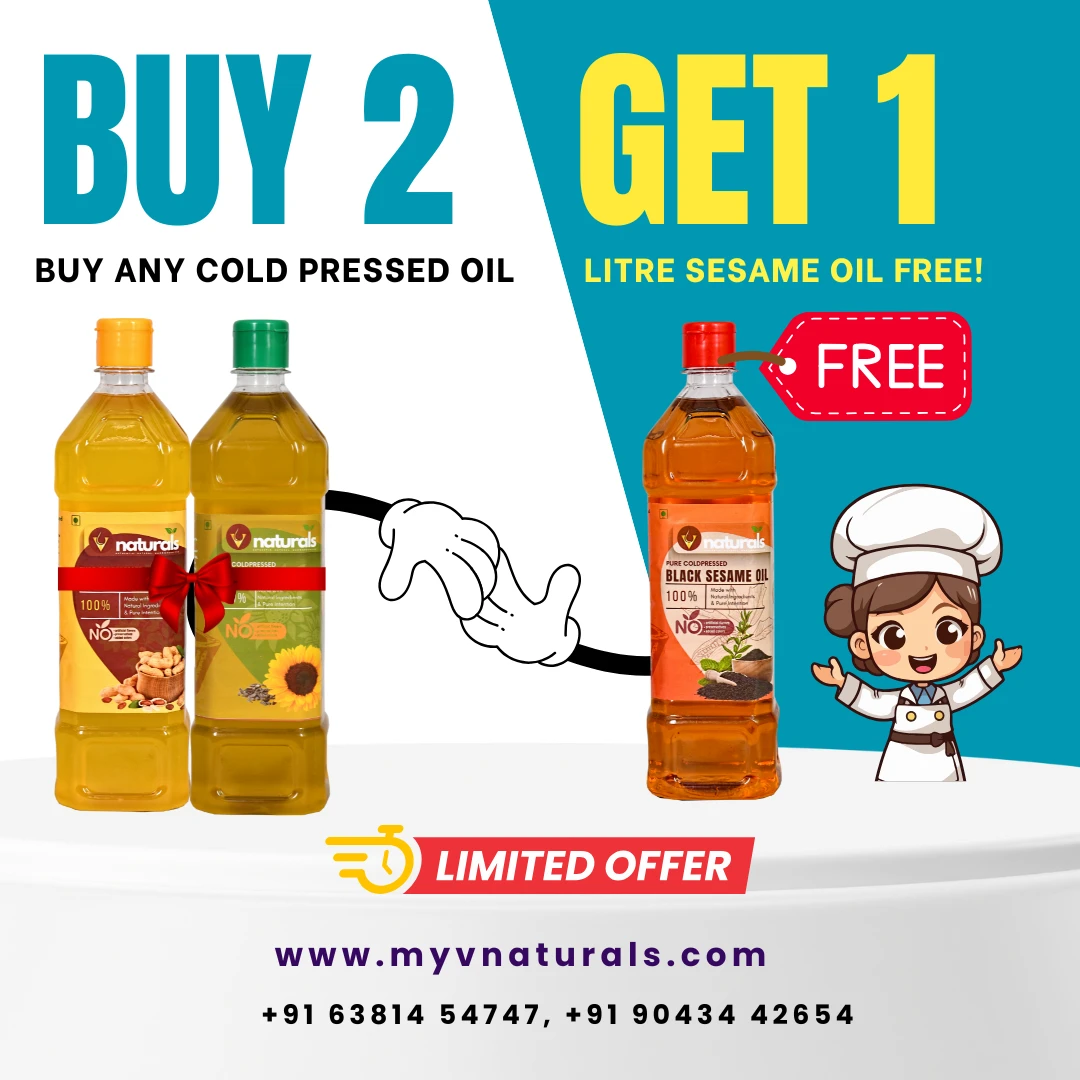 Buy 2 Cold-Pressed Oils and Get 1 Litre Free – Pure & Natural Offer by V Naturals