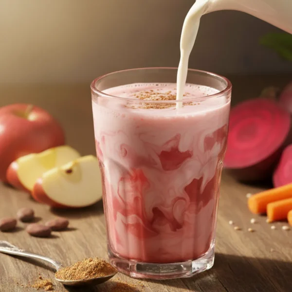 Healthy ABC Malt powder blend with fresh apple, beetroot, and carrot ingredients