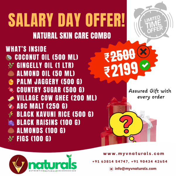 30-Day Natural Skin Care and Wellness Pack showing cold pressed oils (coconut, gingelly), ghee, black rice, jaggery, and dry fruits on a wooden table.