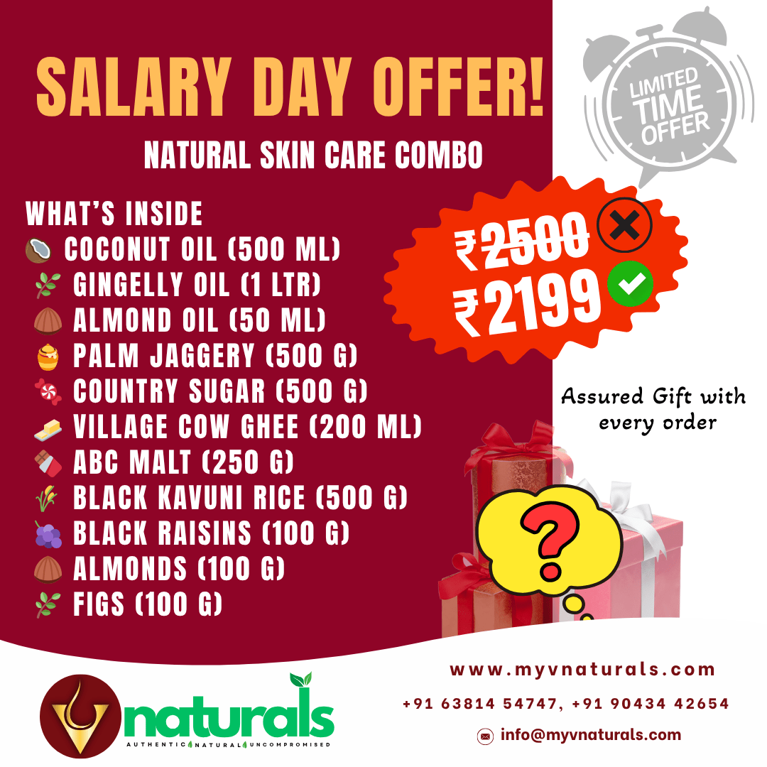 30-Day Natural Skin Care and Wellness Pack showing cold pressed oils (coconut, gingelly), ghee, black rice, jaggery, and dry fruits on a wooden table.