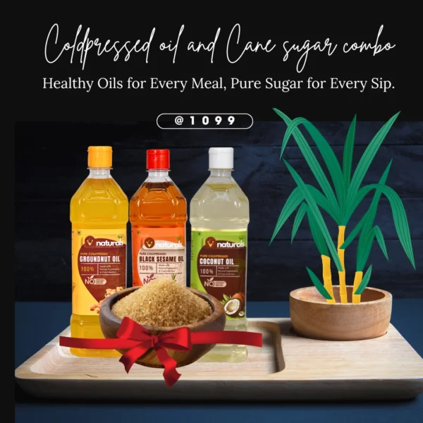 Family Combo Cold Pressed Oils & Cane Sugar – black sesame oil, groundnut oil, coconut oil and country sugar.