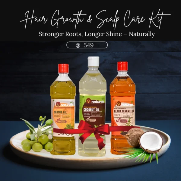 Vnaturals Hair Growth & Scalp Care Kit with Castor, Coconut, and Gingelly Oils for stronger roots and natural shine.