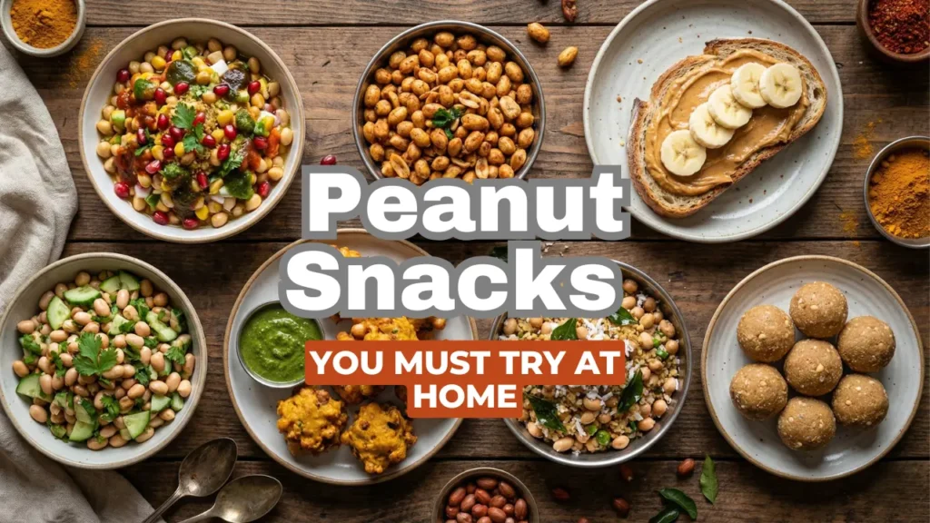 Seven irresistible homemade peanut snacks including peanut chaat, masala peanuts, peanut ladoo, peanut pakora, peanut sundal, peanut salad, and peanut butter toast