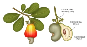 A high-grade pile of whole, light W320 cashew nuts on a wooden surface, representing wholesale quality.