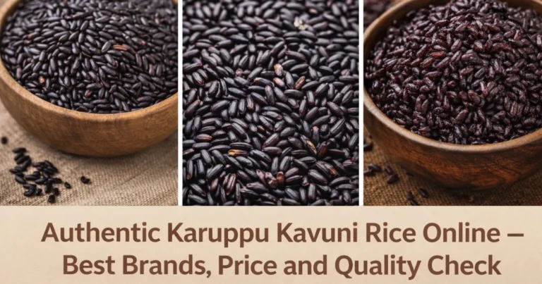 Authentic Karuppu Kavuni Rice in wooden bowls – traditional black rice variety showing raw and cooked grains for quality and price comparison