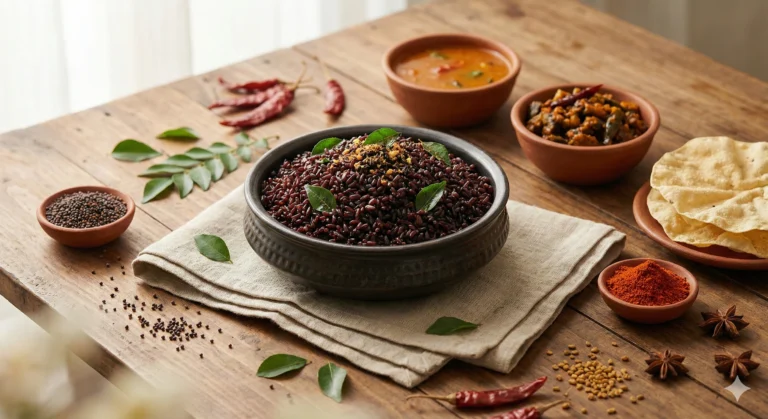Cooked Mappillai Samba rice served in a traditional South Indian meal with curry leaves, spices, papad, and side dishes
