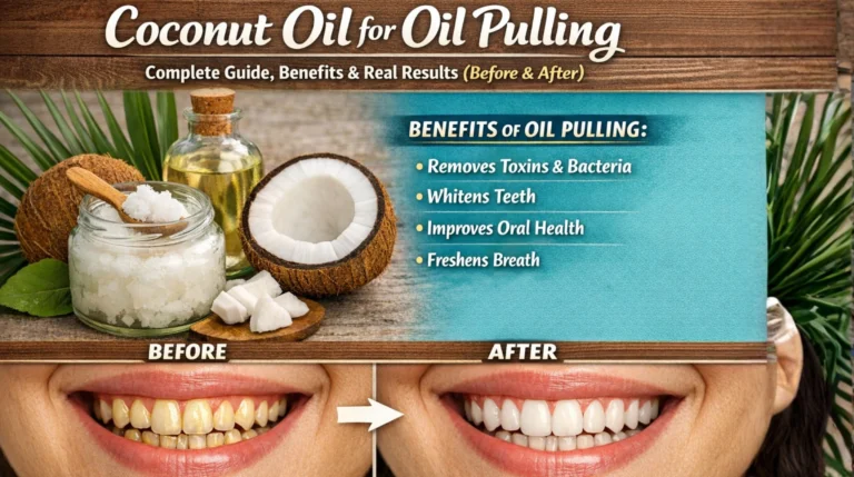 Coconut oil for oil pulling showing benefits like teeth whitening, fresh breath and before after results of oral health improvement