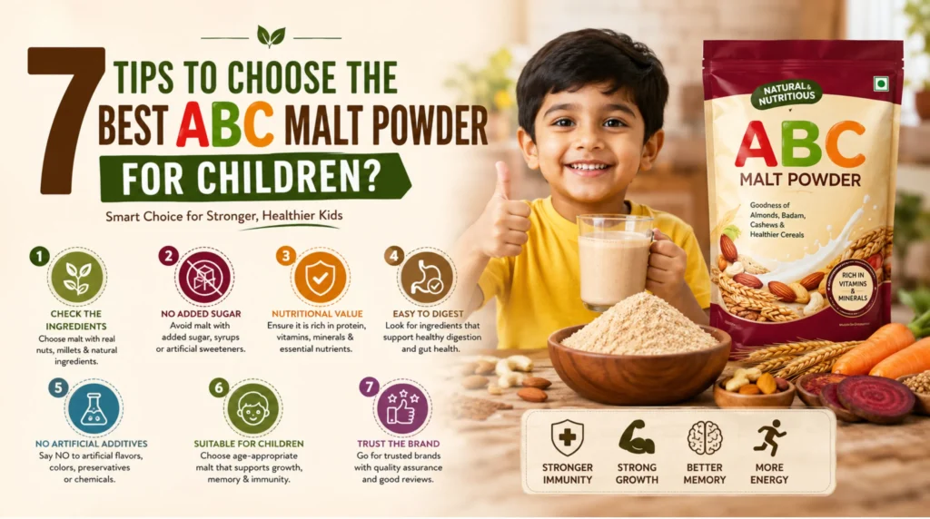 Infographic showing 7 tips to choose the best ABC malt powder for children, including ingredients, nutrition, no added sugar, and healthy growth benefits.