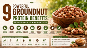 Infographic showing 9 powerful groundnut protein benefits, nutrition facts, and health uses with raw peanuts in a wooden bowl and key health benefits including muscle growth, heart health, immunity, and energy.