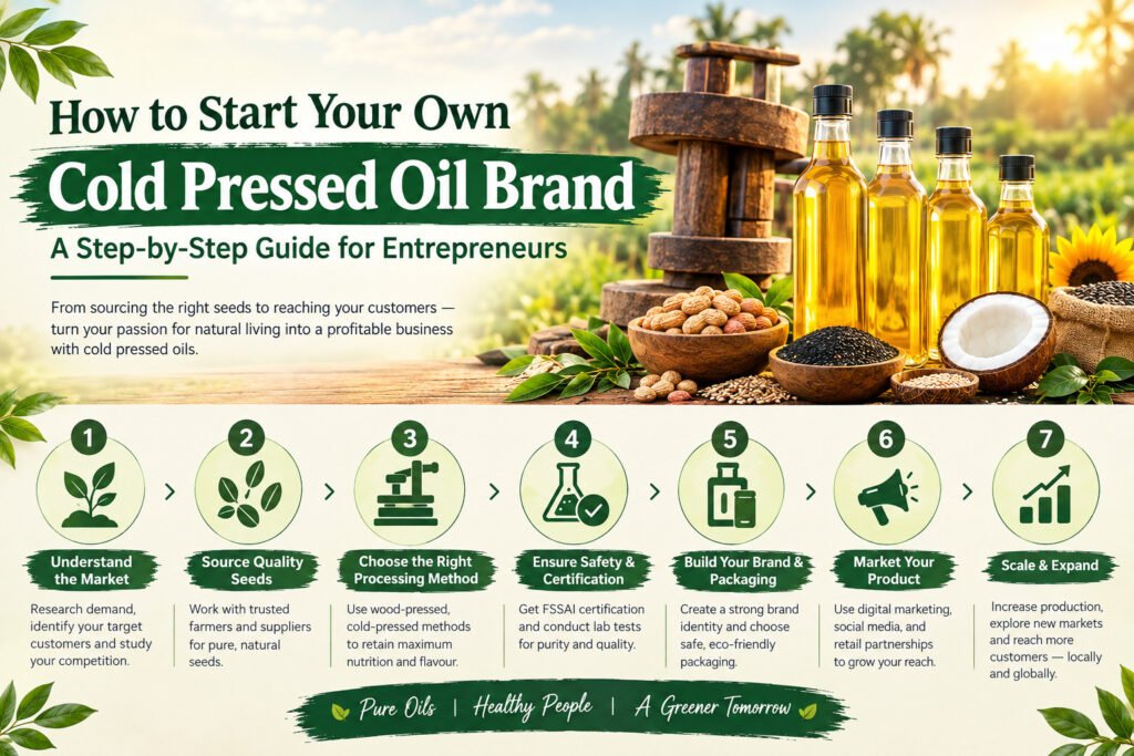 Infographic showing seven steps to start a cold pressed oil brand, including market research, quality seed sourcing, cold-pressed processing, FSSAI certification, branding and packaging, marketing, and business expansion.