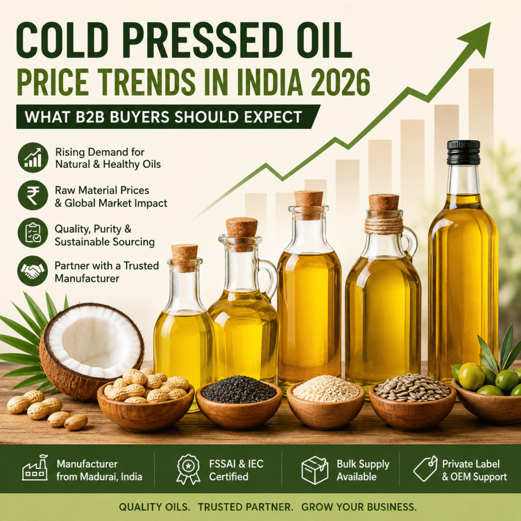 Cold pressed oil price trends in India 2026 for B2B buyers, featuring groundnut, sesame, coconut and sunflower oils