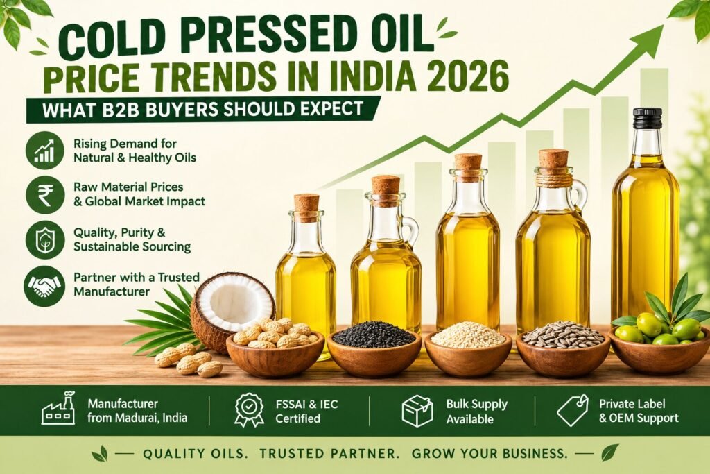 Cold pressed oil price trends in India 2026 showing B2B buyer expectations, rising demand, raw material prices, quality sourcing, oil bottles, and bulk supply options.