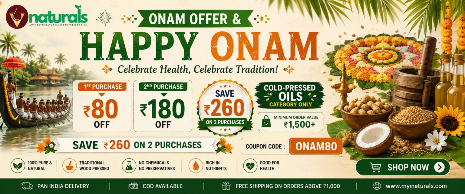Naturals Onam Offer banner featuring Happy Onam, ₹260 savings on two purchases, cold-pressed oils, traditional wood-pressed oils, Onam pookalam, Kerala boat race, and Shop Now call-to-action.