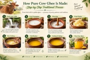 Step-by-step traditional process of making pure cow ghee, from fresh cow’s milk and curd formation to churning, butter collection, slow cooking, clarification, cooling, and golden cow ghee.