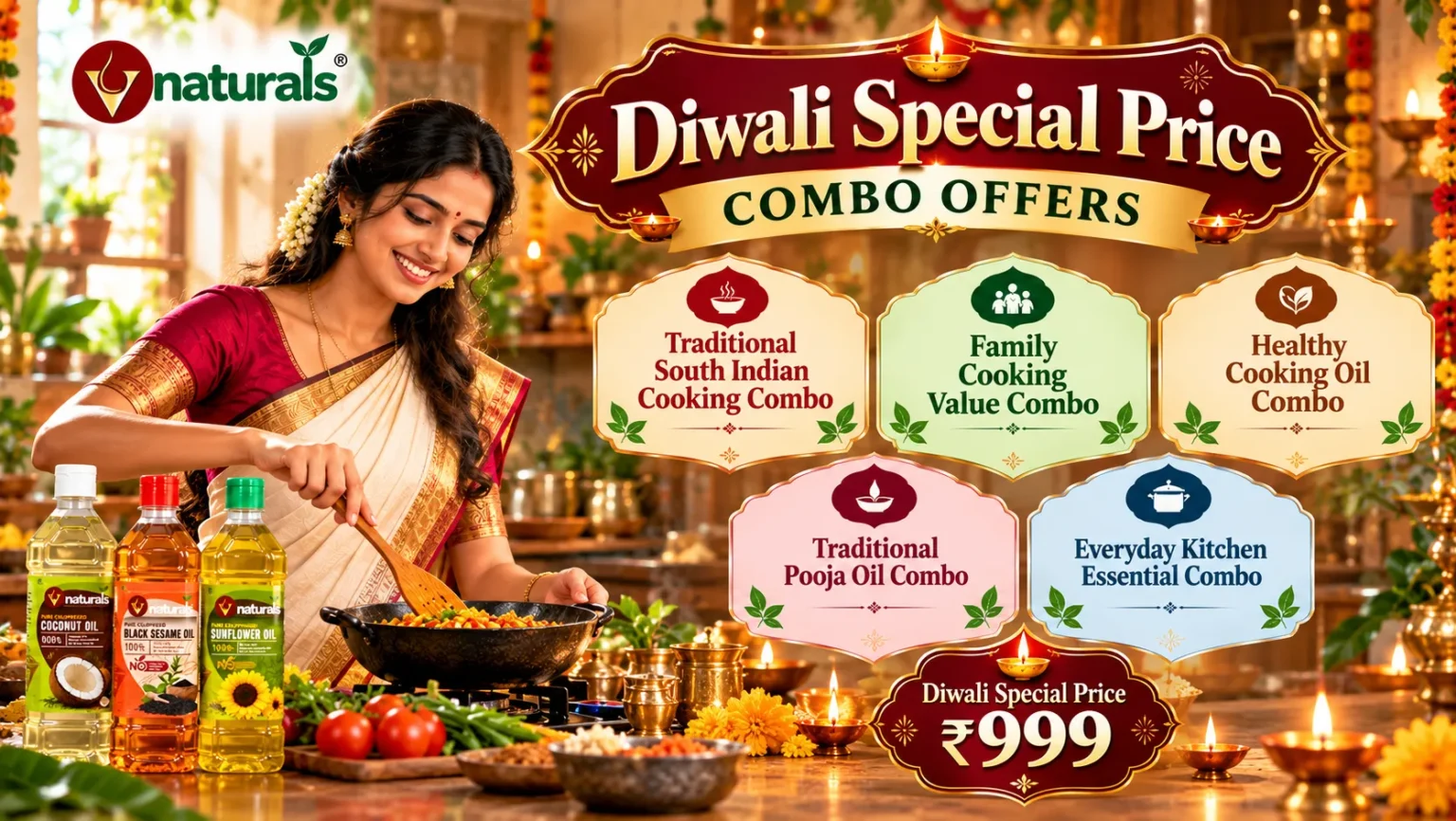 Vnaturals Diwali ₹999 combo offers banner featuring a young woman cooking in a traditional Indian kitchen with coconut oil, black sesame oil and sunflower oil bottles