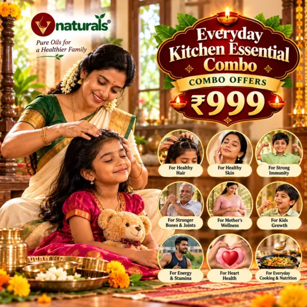 Vnaturals Everyday Kitchen Essential Combo ₹999 banner featuring a mother gently massaging her daughter’s hair with a warm, traditional Indian home setting and festive decorations.