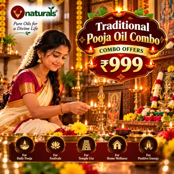 Vnaturals Traditional Pooja Oil Combo ₹999 banner featuring a young Indian woman lighting a brass kuthu vilakku in a traditional prayer room decorated with flowers, diyas, and Hindu devotional décor.